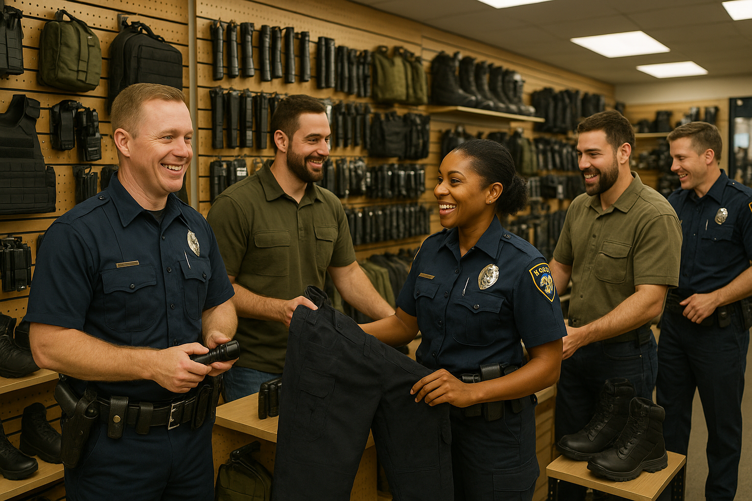 happy law enforcement and tactical community in tactical store